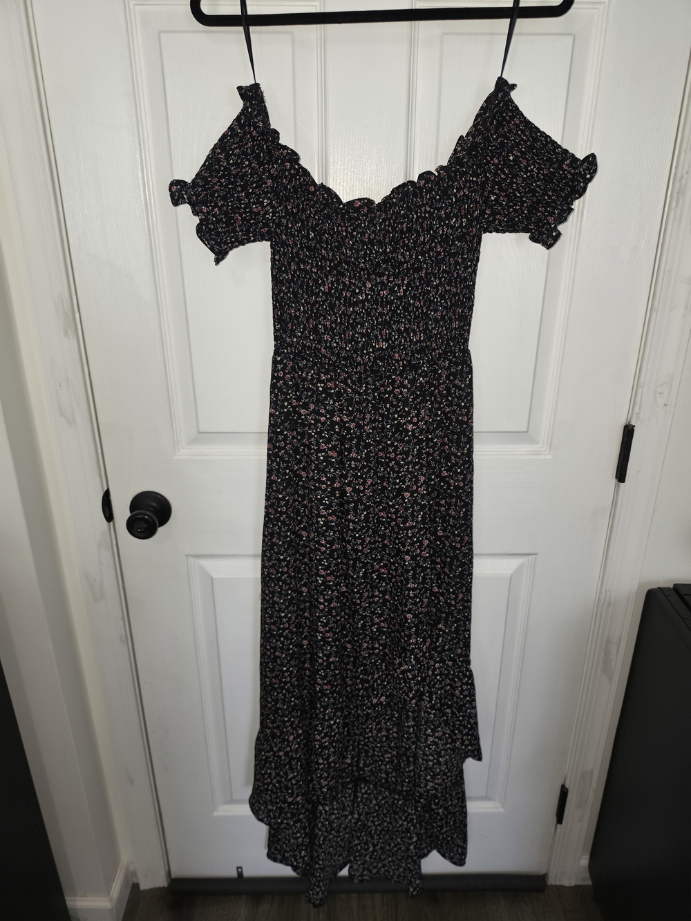 Blue Rain Black Floral Smocked Off-Shoulder Hi-Low Dress